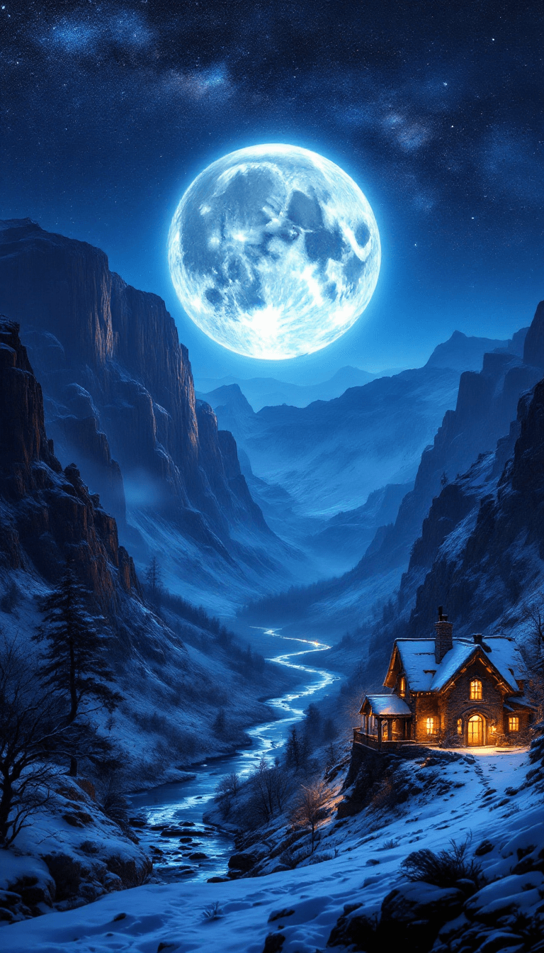 AI generated: A breathtaking nighttime scene of a grand canyon illuminated by the soft light of a giant full moon ...