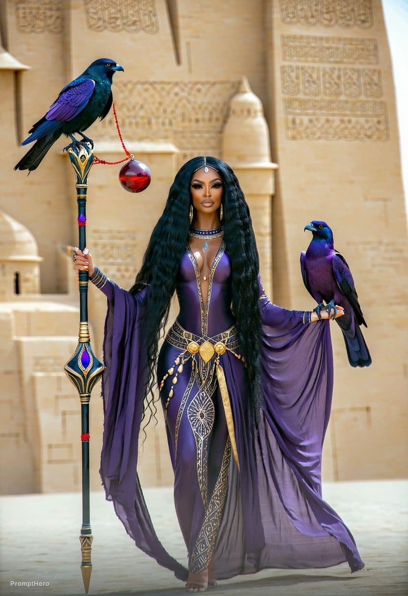 AI generated: A seductive, sensual documentary-style fantasy image captures a striking Arabian sorceress with long...