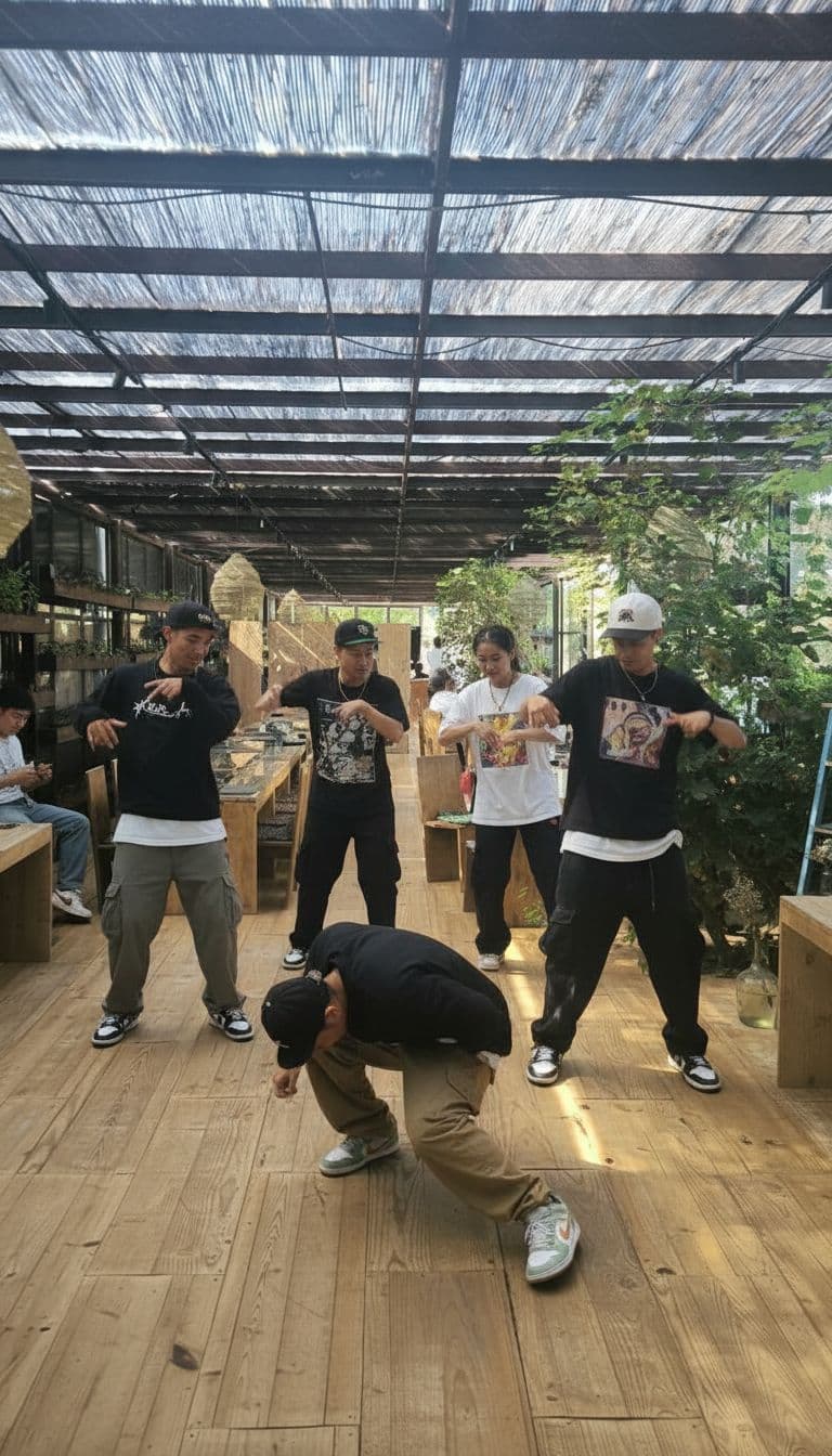 AI generated: 5 hip hop dancers ans start to dance 
