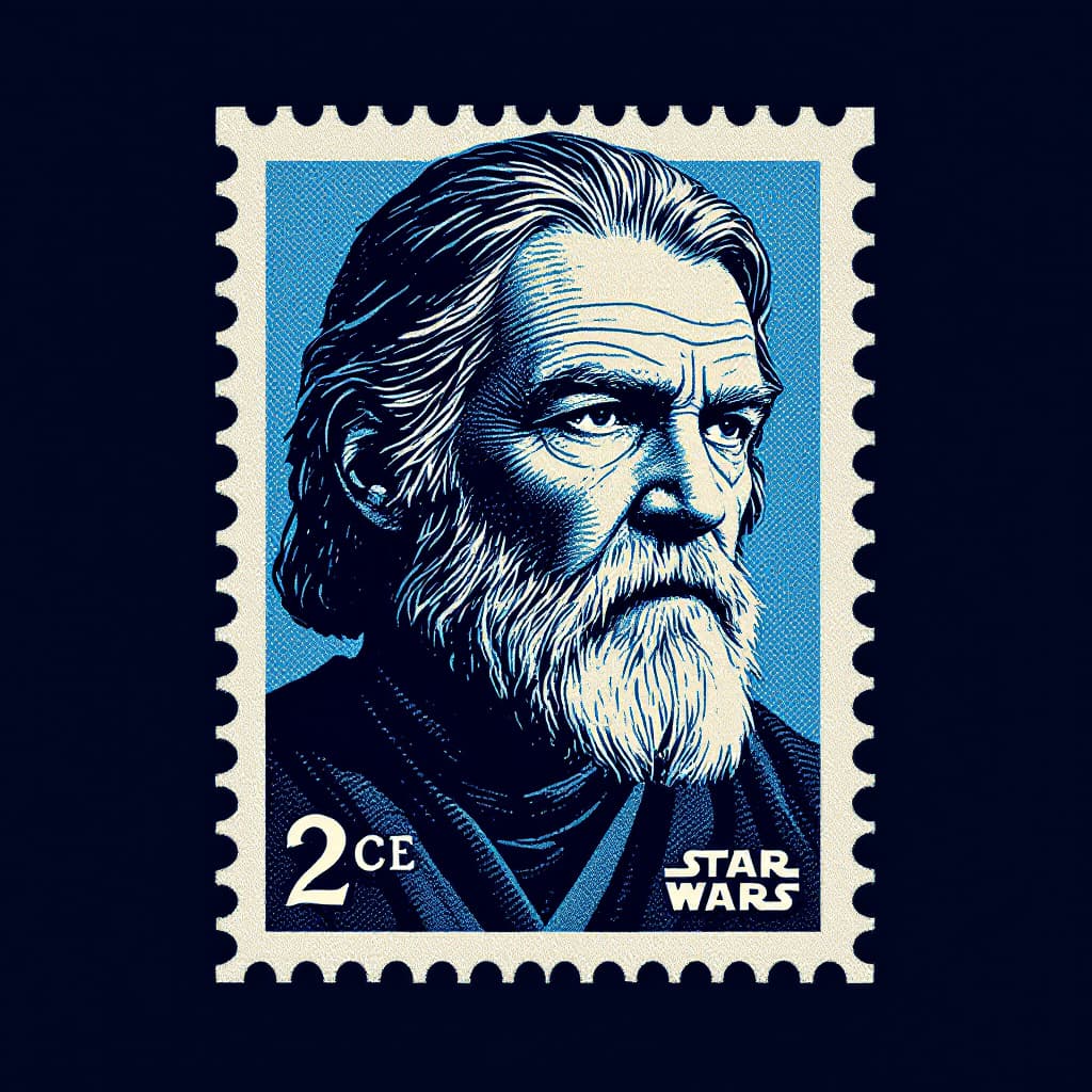 AI generated: 16 bit pixel art, vintage United States Postage Stamp, 2 cent stamp, Obi Wan Kenobi, blue ink, line ...