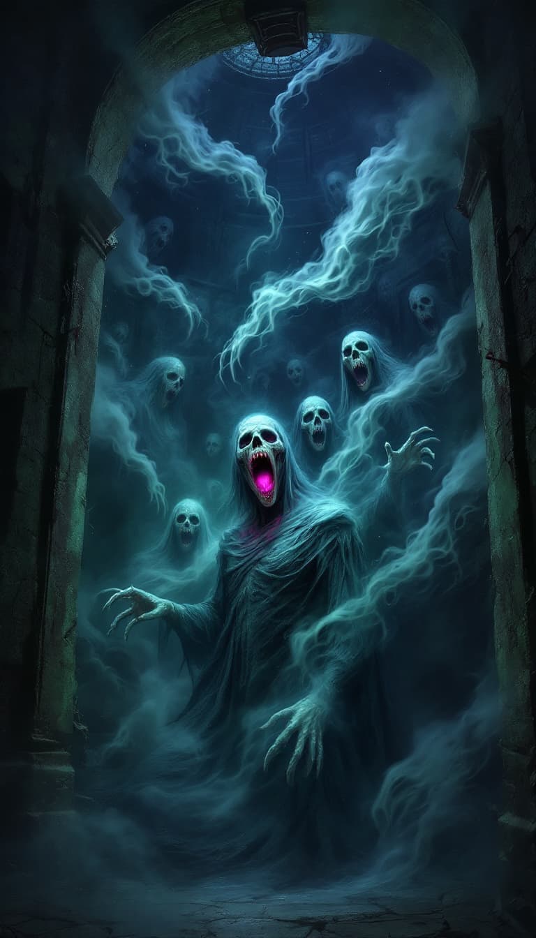 AI generated: cursed souls in a haunted house, eerie ambiance, unsettling mist swirling, foreboding shadows, emoti...