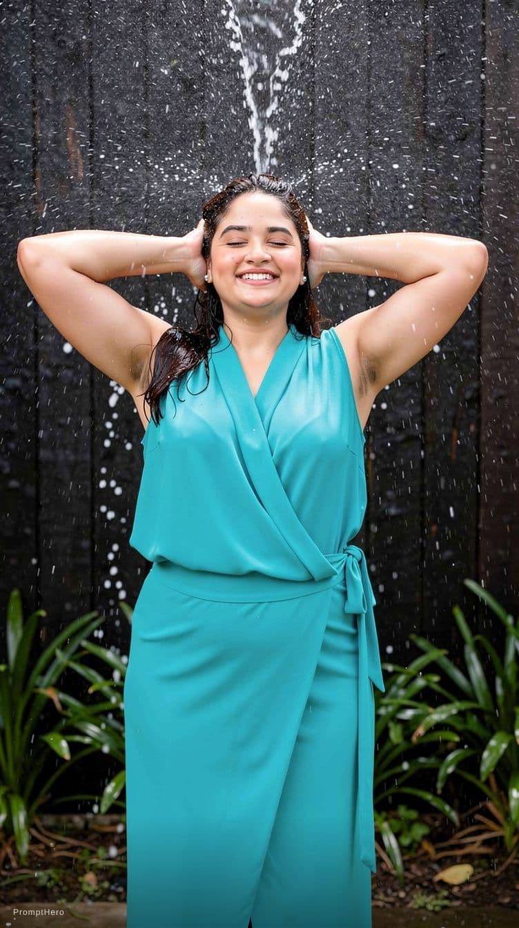AI generated: make this reference women Photorealistic image of a fit young woman standing under splashing water o...