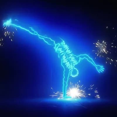 AI generated video: the figure is break dancing, sparks fly out from it