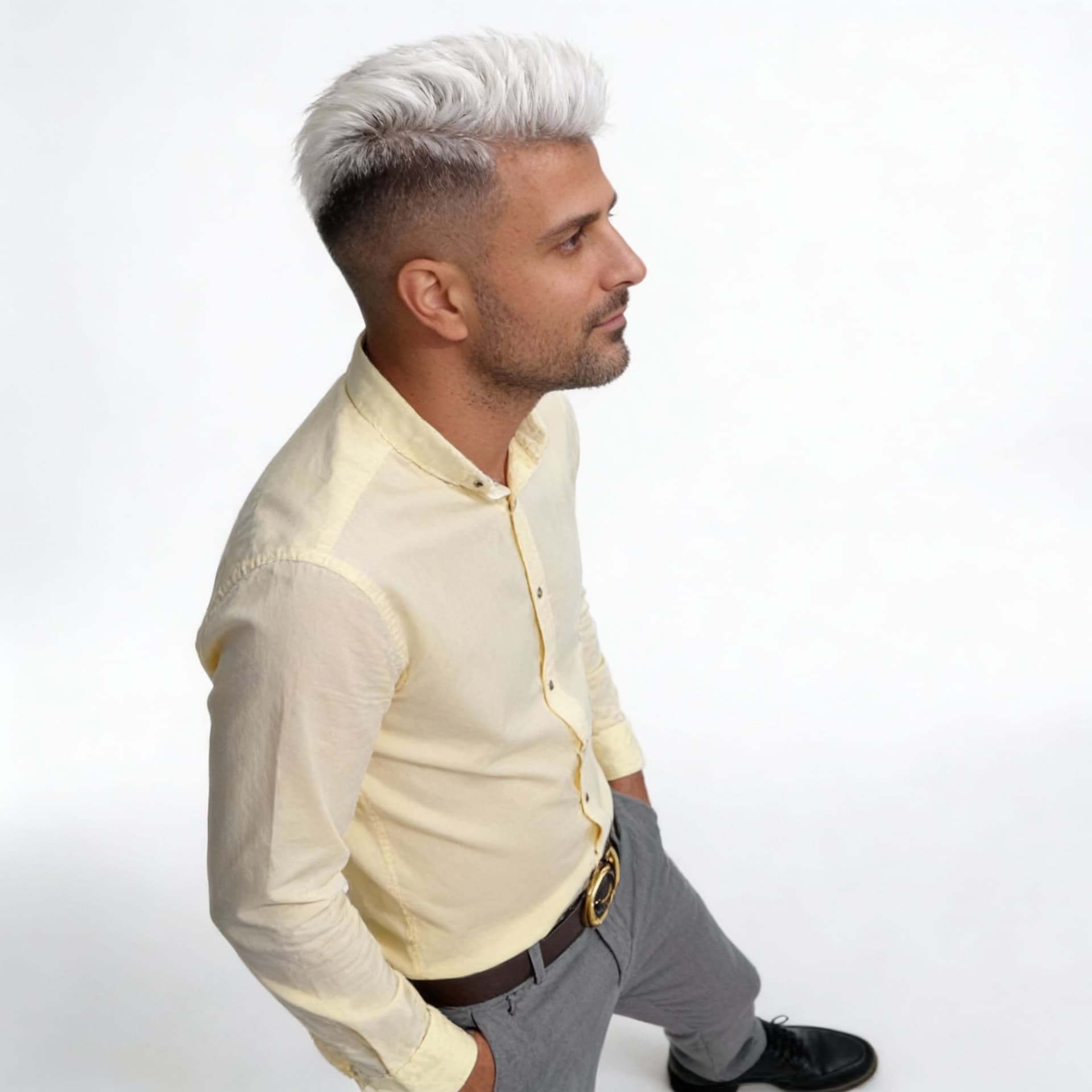 AI generated: photography, side profile portrait, man with high fade with hard part hairstyle, white hair color, u...