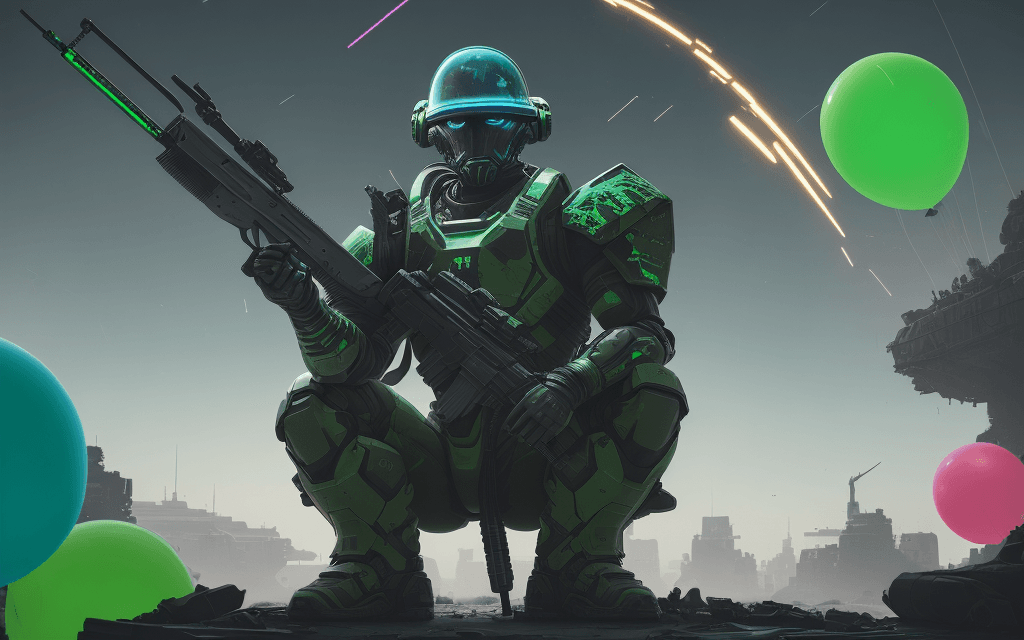 AI generated:  brutal man warrior stands and holding a M41A Pulse Rifle in his hands, after the battle, sitting on...