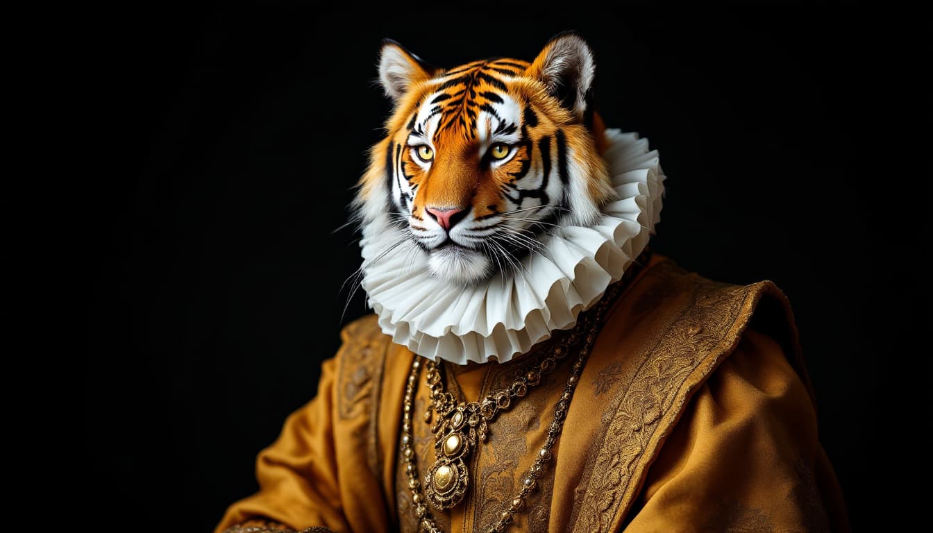 AI generated: tiger,orange tabby,renaissance costume,ruff collar,golden robe,studio portrait,noble demeanor,detail...