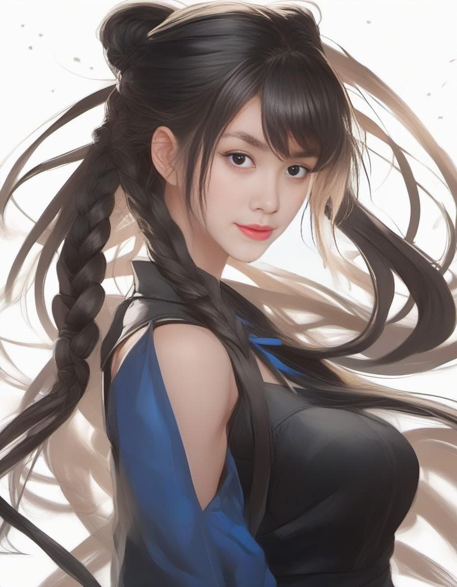 AI generated: (((whisky_project))), ((blonde)), (((blue eyes))), single long braid, single braid, bangs, ahoge, lo...