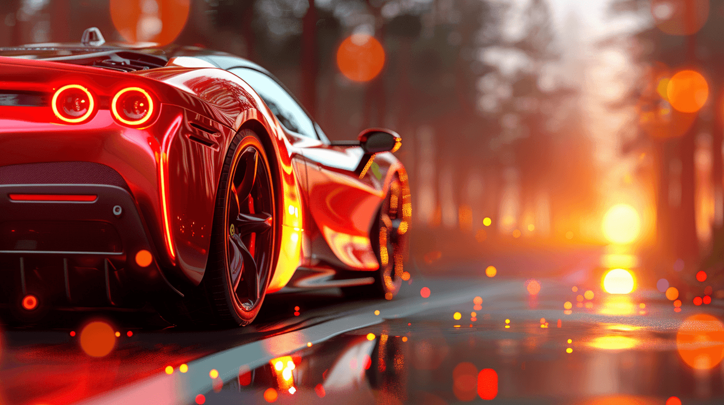 AI generated: Close-up,a red Ferrari SF90 driving on the road in the ridge,mountains background, sunset time, shar...