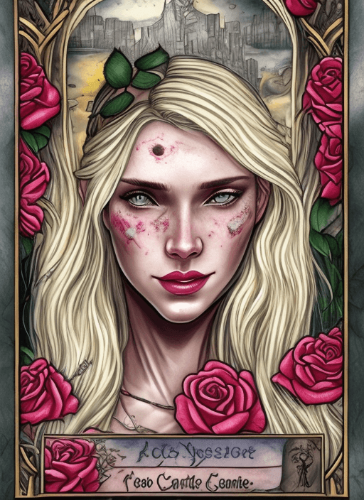 AI generated: Tarot card, Close up face shot of a beautiful woman looking at the camera, (((card title surrounded ...