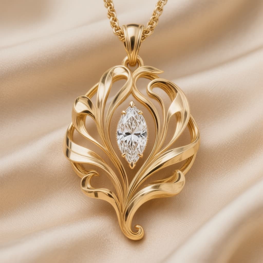 AI generated: Luxury organic pendant necklace in 18K yellow gold inspired by flowing botanical forms and high-end ...