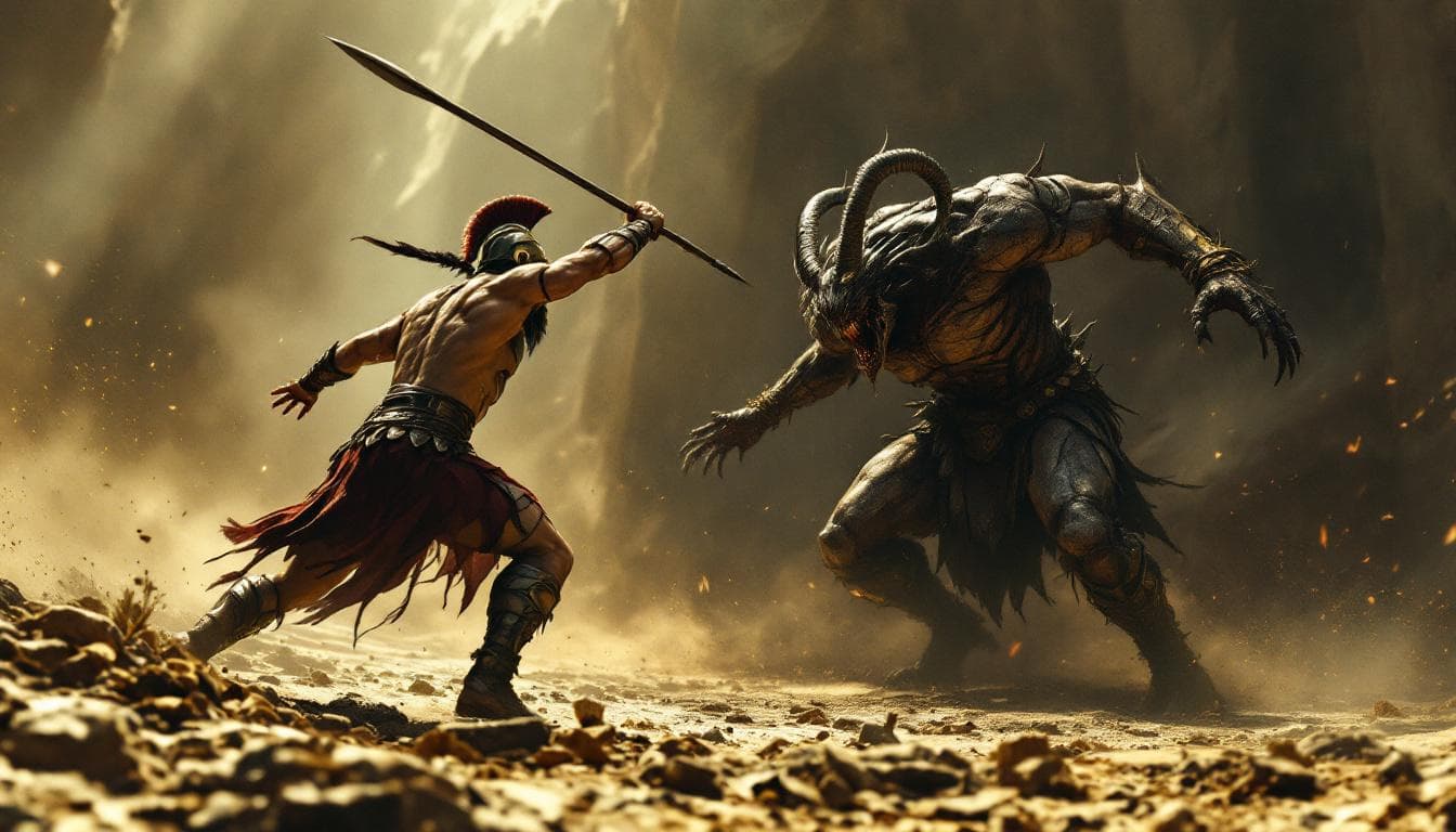 AI generated: realistic spartan warrior in an attacking pose, thrusting a spear downward towards a demon coming up...
