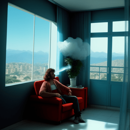AI generated: habitacion estilo 80s con afiches de la pelicula "viaje al futuro" y un hombre fumando mirando por u...