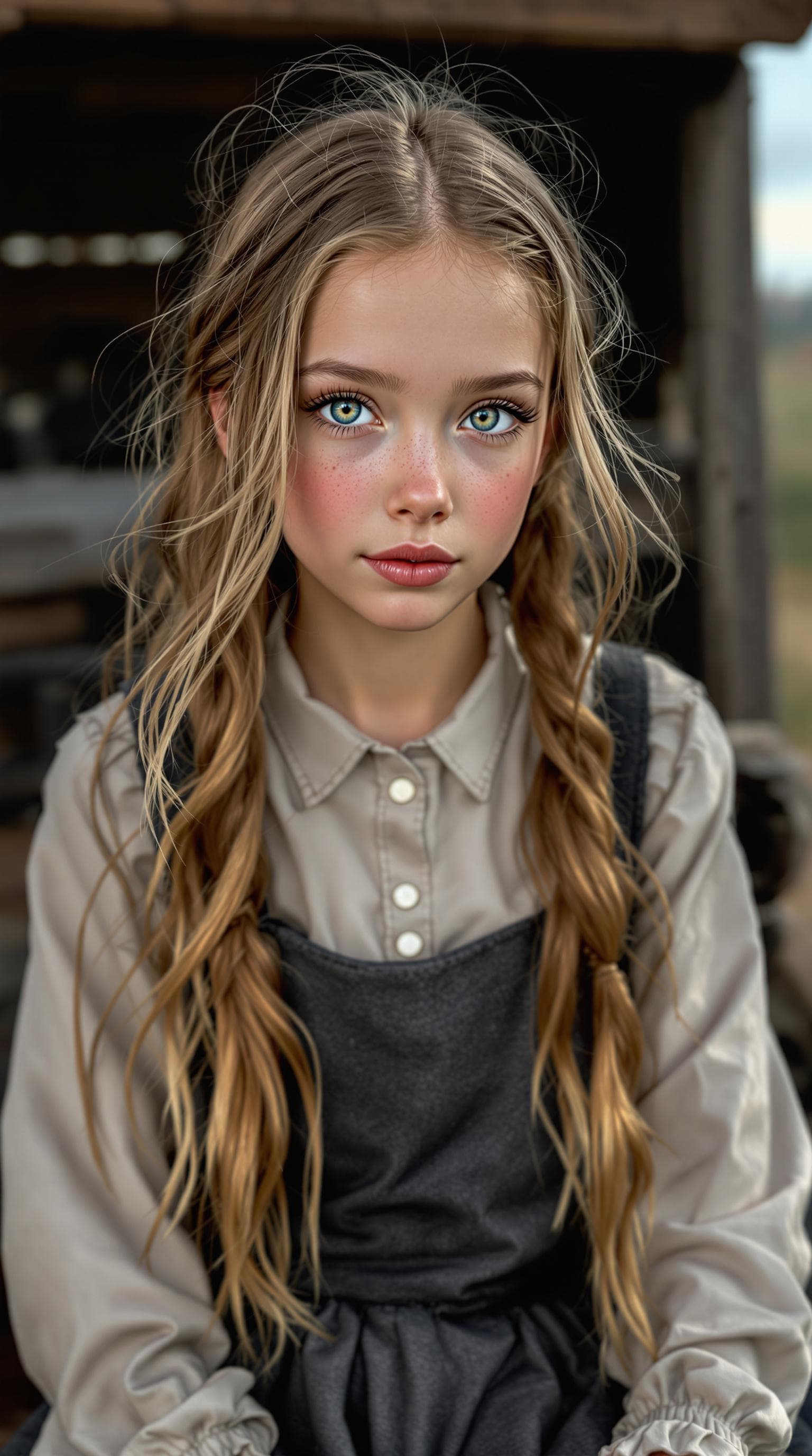 AI generated: A professional photograph capturing an extraordinarily beautiful Amish girl in second grade, rendere...