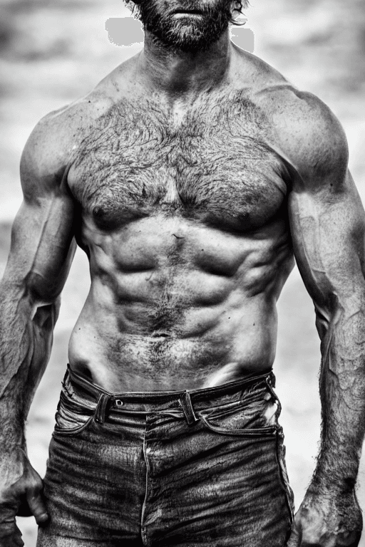 AI generated: portrait of a rugged ranger, muscular, handsome, upper body, hairy torso, D
