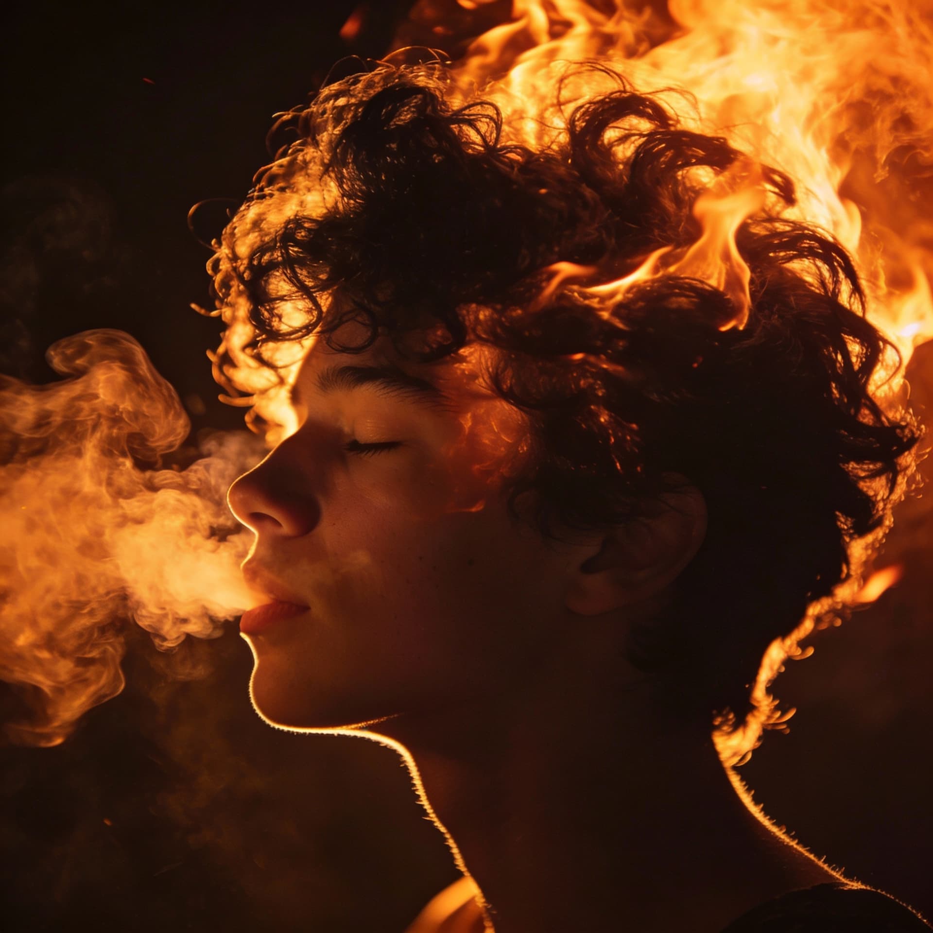AI generated: A close-up profile of a young person with curly hair, illuminated by warm, fiery orange lighting tha...