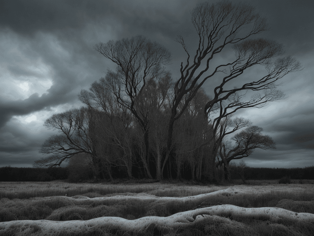 AI generated: The background of the image is dark and foreboding, with towering trees looming in the distance. The...