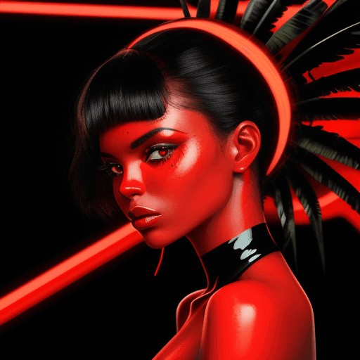AI generated: Tropicana woman, black and red neon background, brilliant skin
