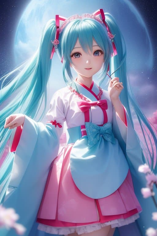 AI generated: anime art style, hatsune miku in cherry theme hanbok clothes with bright colors, with beautiful hair...