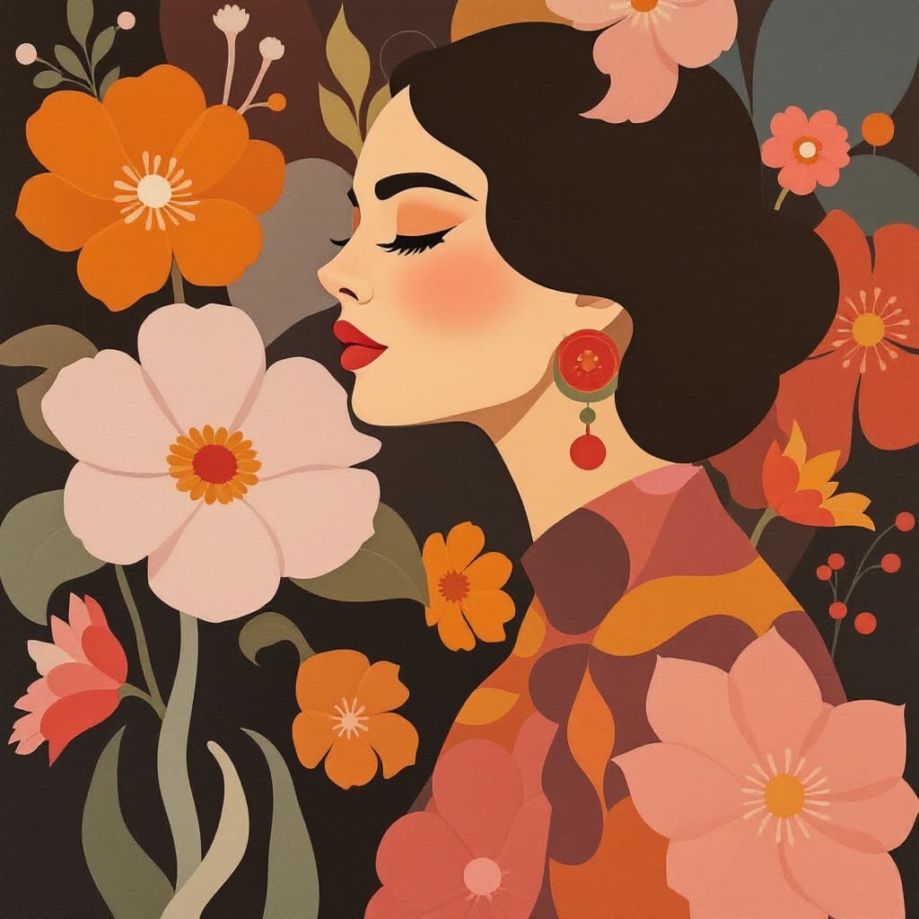 AI generated: pastell art Bauhaus poster woman img, warm colours, background large Marimekko flower patterns