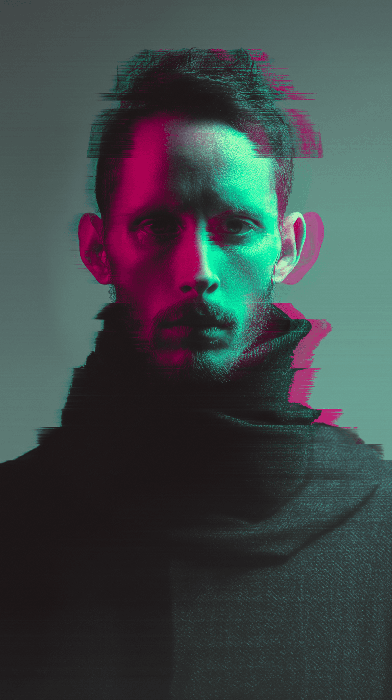 AI generated: photorealistic portrait, man, front view, gaze, nihilism, wearing a muted minimalist futurism style,...