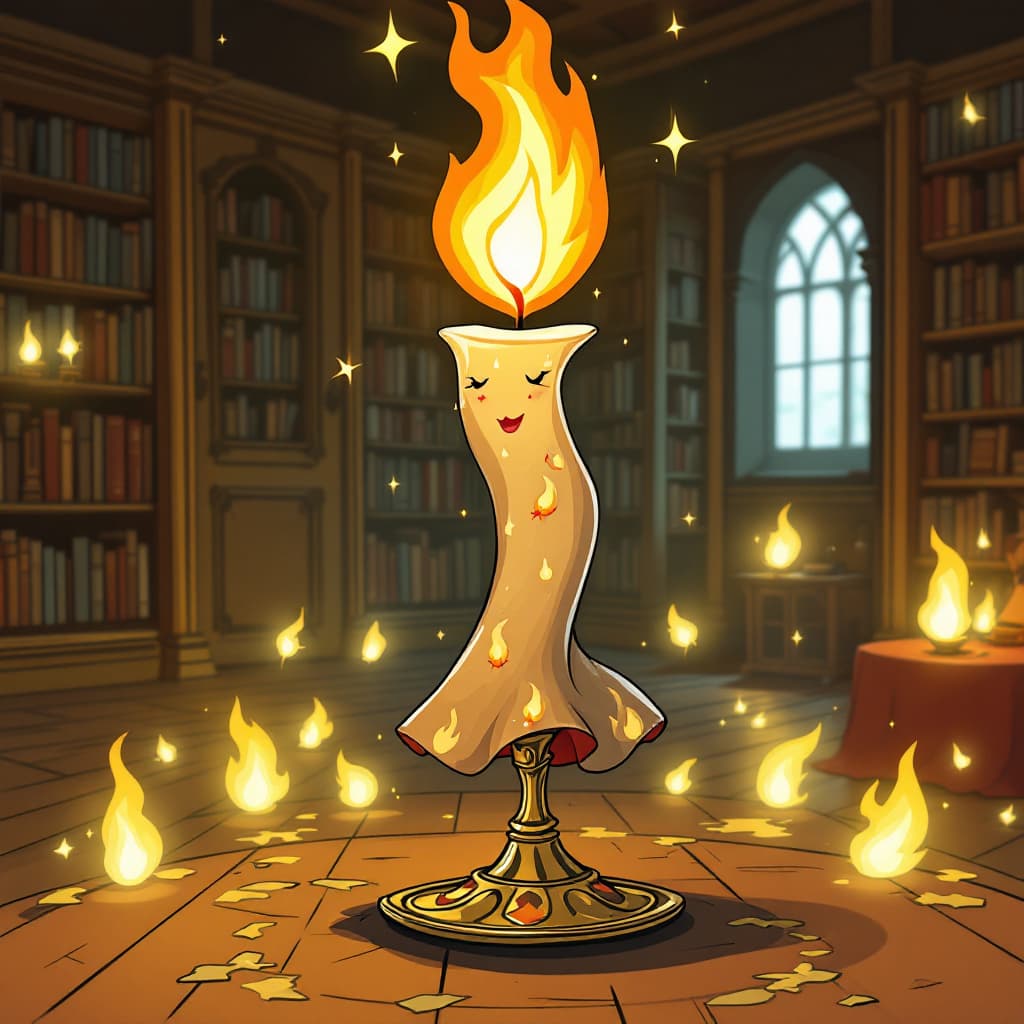 AI generated: Prompt: Carina Candle is a whimsical anthropomorphic candle with a curved wax body, golden candlesti...