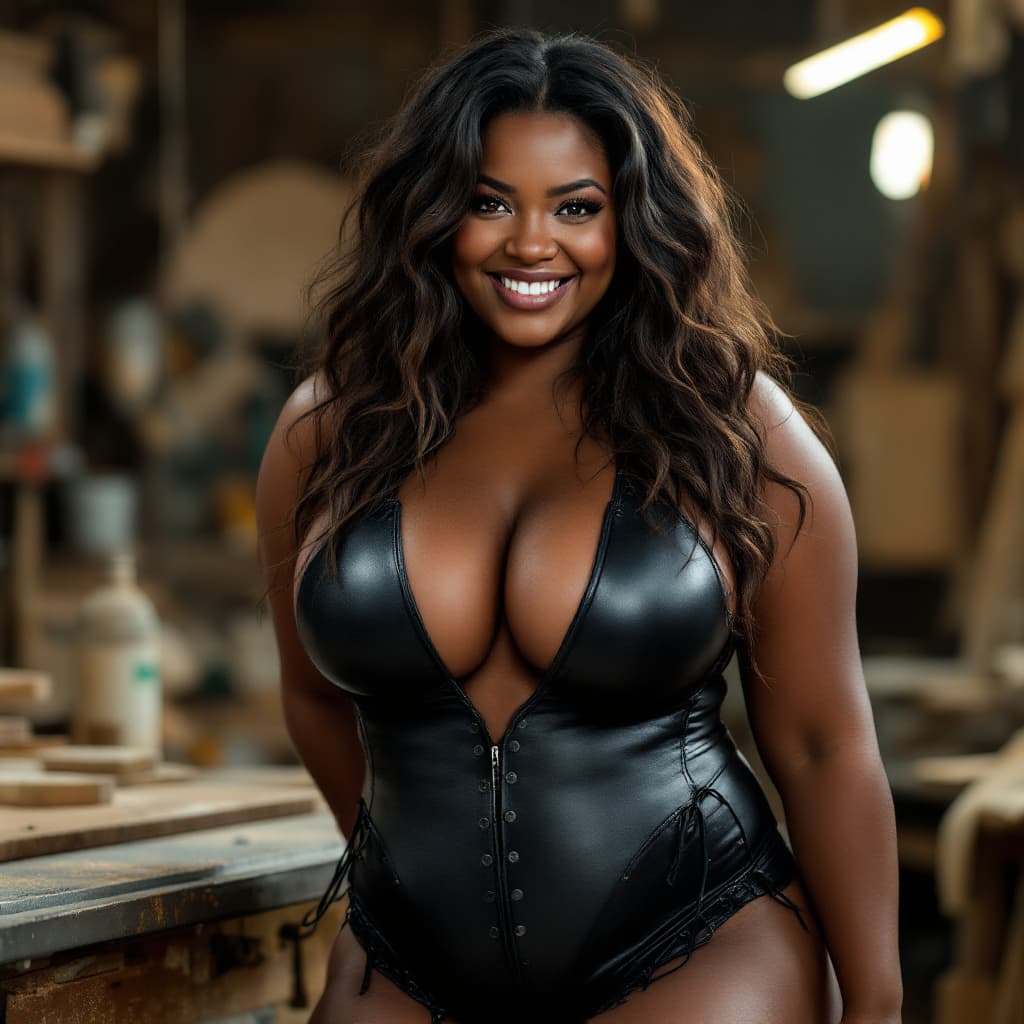 AI generated: Photo of a happy chubby Black woman with long brown hair, wearing a black one-piece high-cut leather...