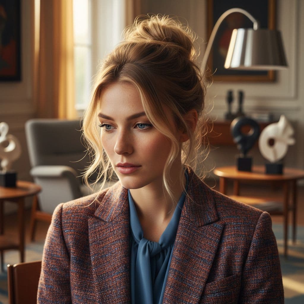 AI generated: A highly detailed portrait of a beautiful German woman with an expression of introspection. She has ...