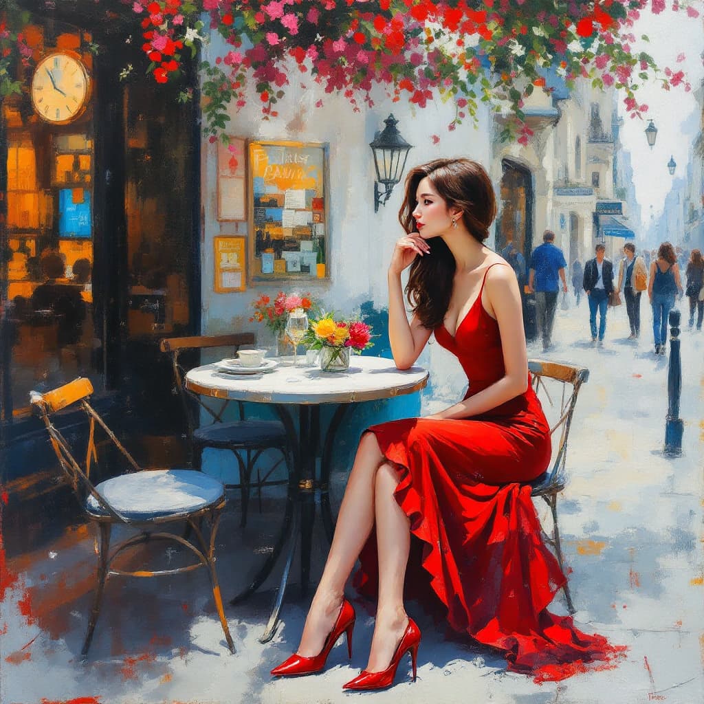 AI generated: oil painting on canvas of a beautiful Korean woman, in a red dress sitting at a table outside a Pari...