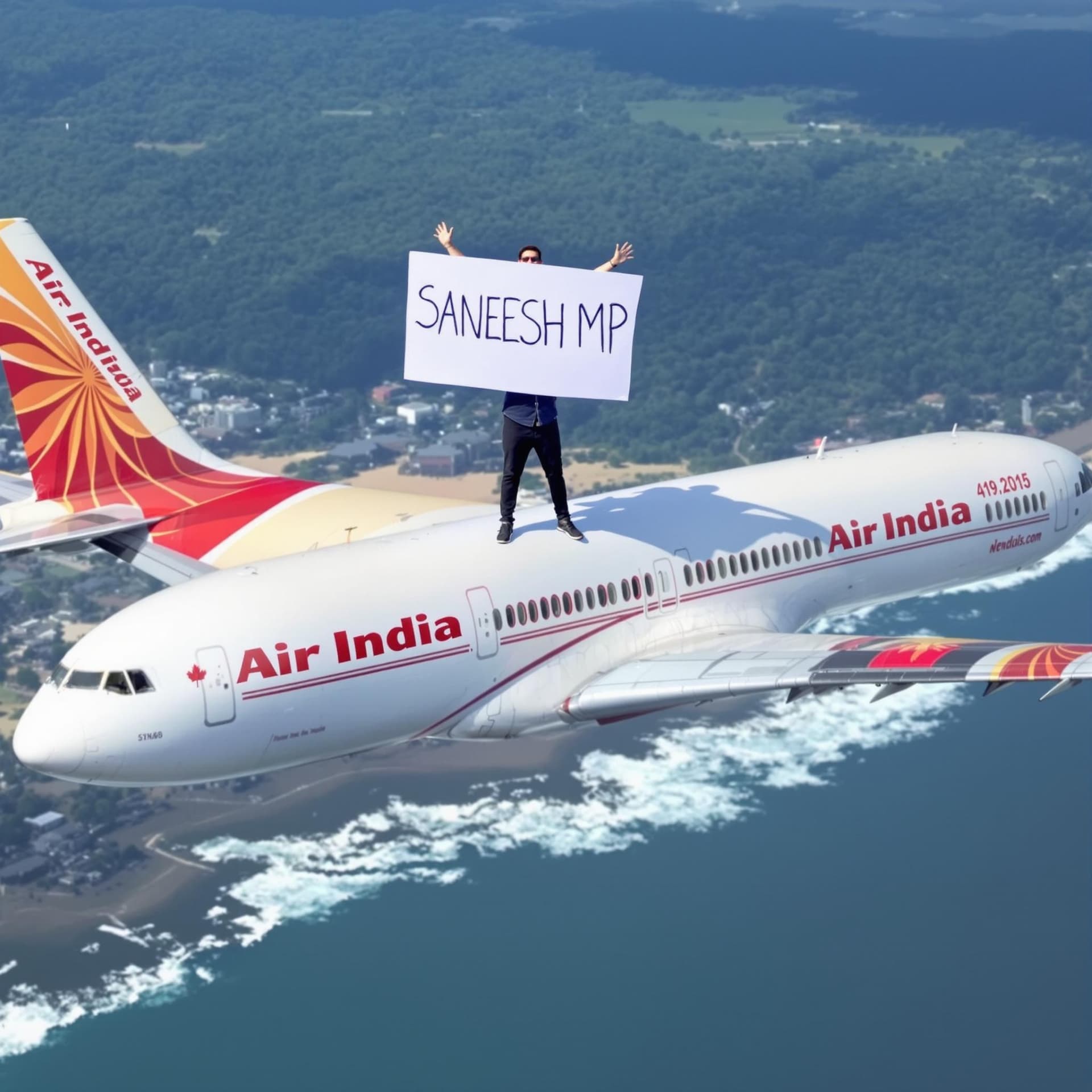 AI generated: A photo of an Air India plane in flight, with the plane's white body and the Air India logo prominen...