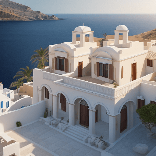 AI generated: Photorealistic, traditional double storey house designed in Cycladic architectural style, Greek isla...
