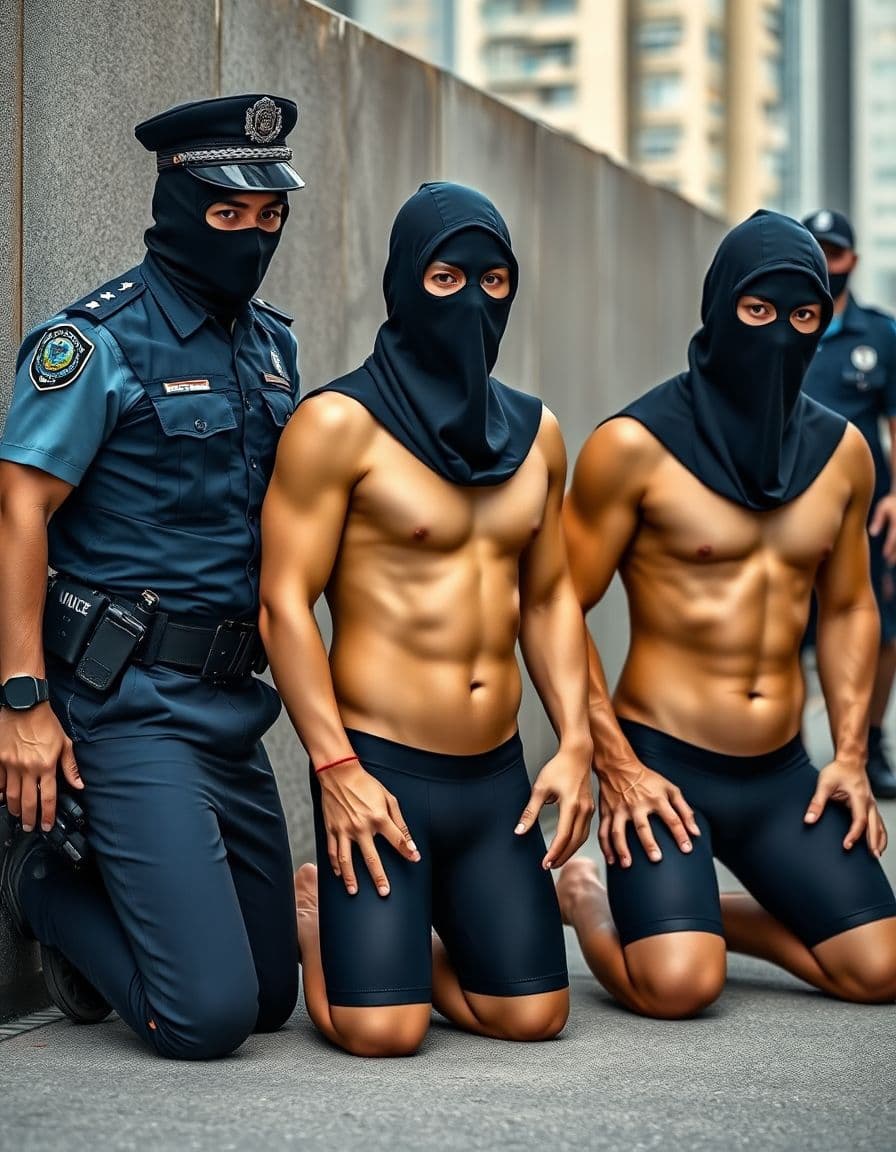 AI generated: Police arrest three male Chinese swimmers wearing compression racing jammers on a street next to a w...
