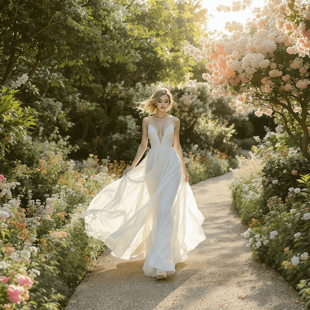 AI generated: A model wearing flowing, airy dress walking gracefully along a winding path in a lush garden surroun...