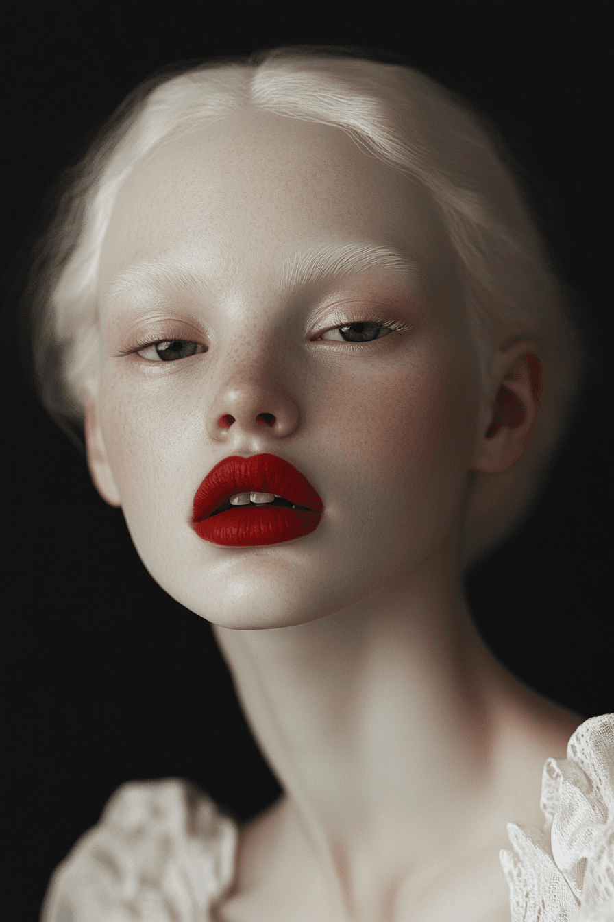 AI generated: a foreground of an albino girl with red lips looking to the camera is posing for a casting in a phot...