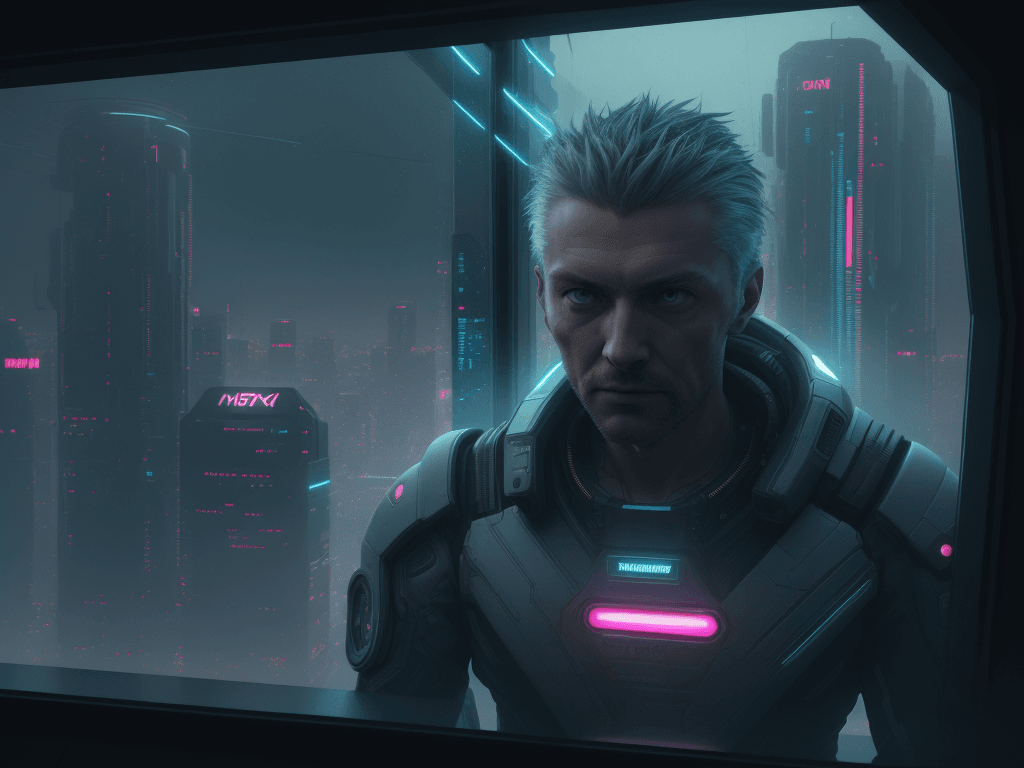 AI generated: a man looking out through the window of a spaceship, flying through a futuristic neon-lit dystopian ...