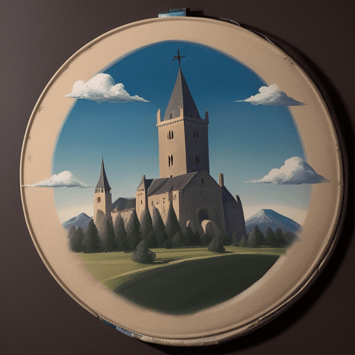 AI generated: Shadow painting of a mountain, with some element added for representing a church, a round tower, a m...