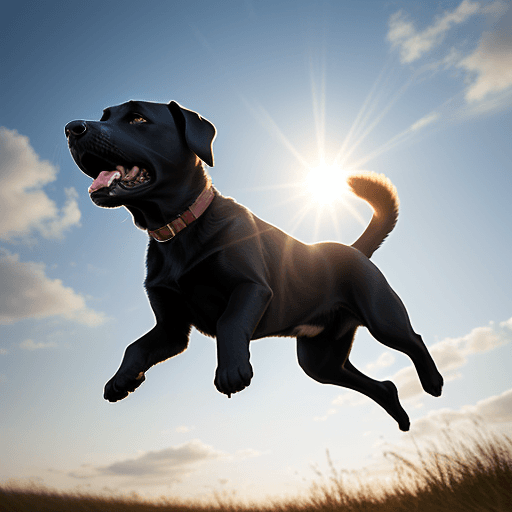AI generated: cinematic, black labrador, happy, day light, sun, ultra detailed, jumping