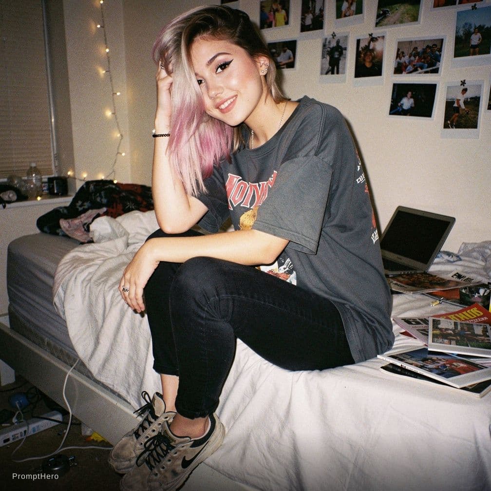 AI generated: raw tumblr side view photo what would go very viral in 2012 of a young woman in her room in an edgy ...