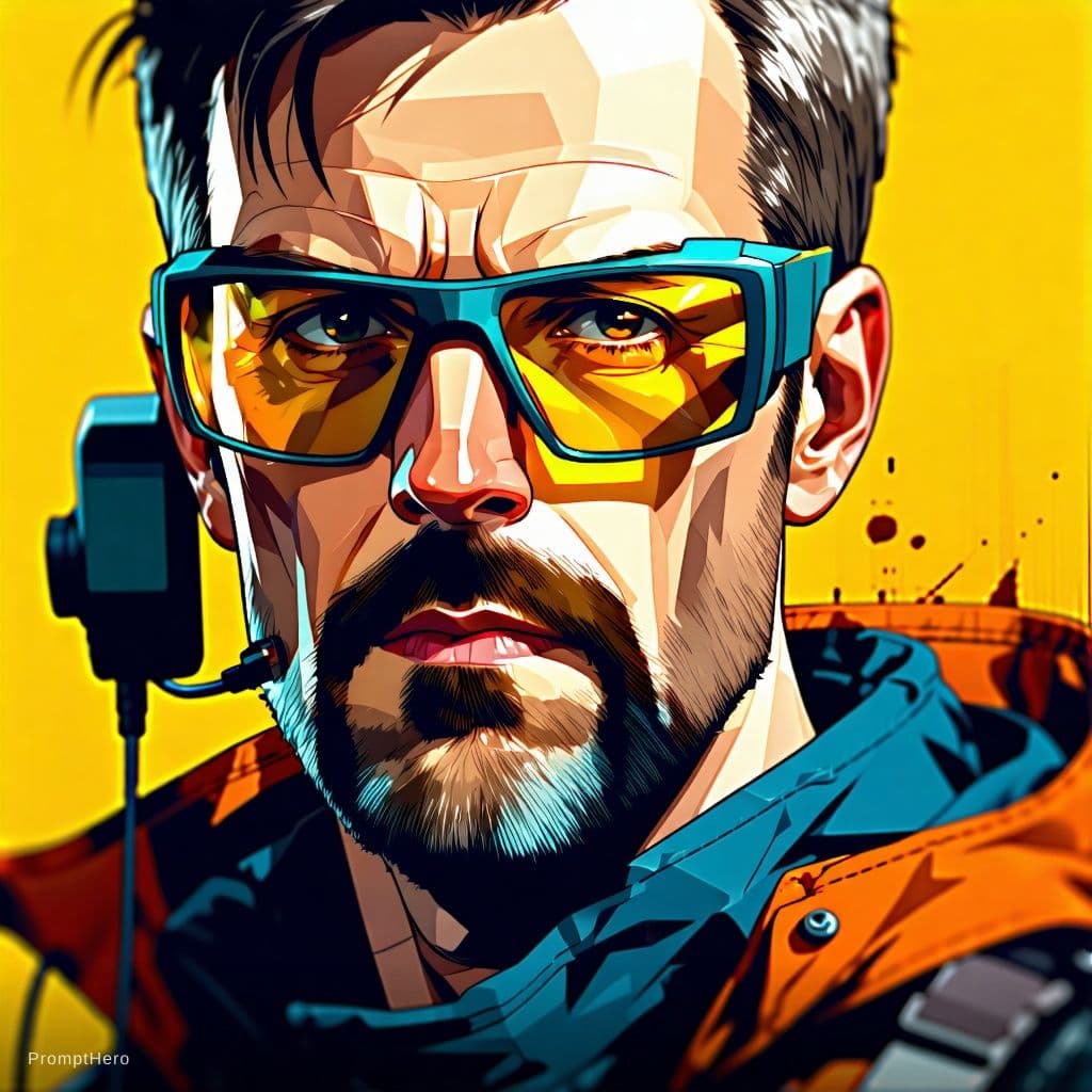 AI generated: High quality portrait of Gordon Freeman from HL2. Art by Makoto Shinkai, Crunchyroll, pixiv, danboor...