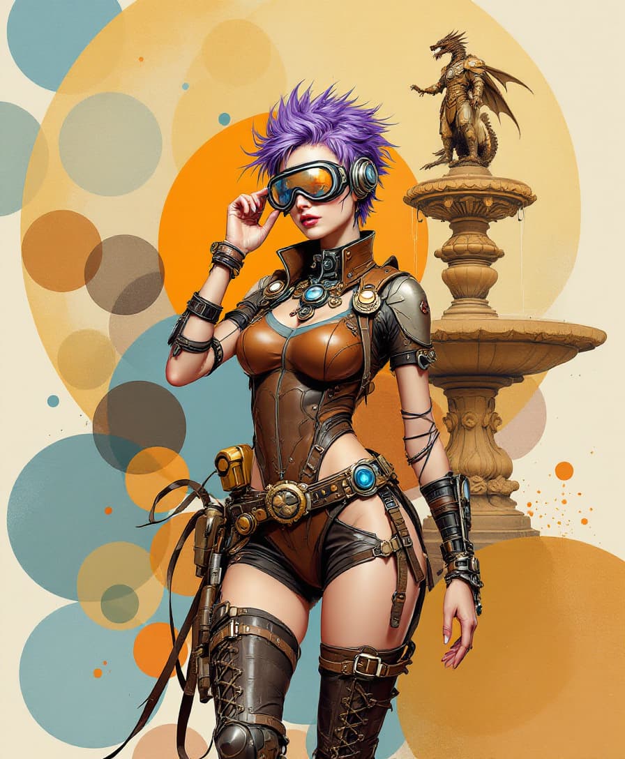AI generated: Image is a digital illustration featuring a futuristic, steampunk-inspired character. The layout is ...