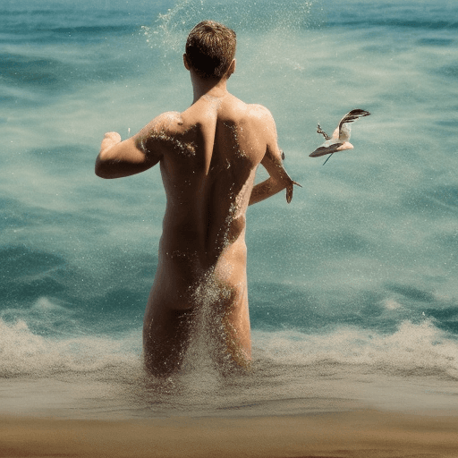 AI generated: "A half-naked man", swimming at the beach. The water is cool and refreshing, and the sun is shining ...