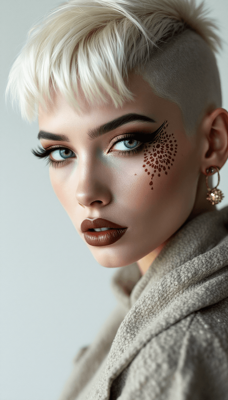 AI generated: a beautiful albino model with an avant-garde haircut, she is looking into the camera, henna pattern ...