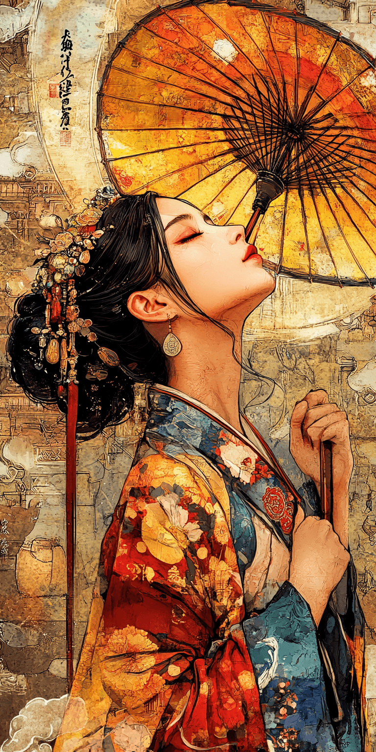 AI generated: spirographing, in the style of feminine portraiture, dark orange and light gold, asian-inspired moti...