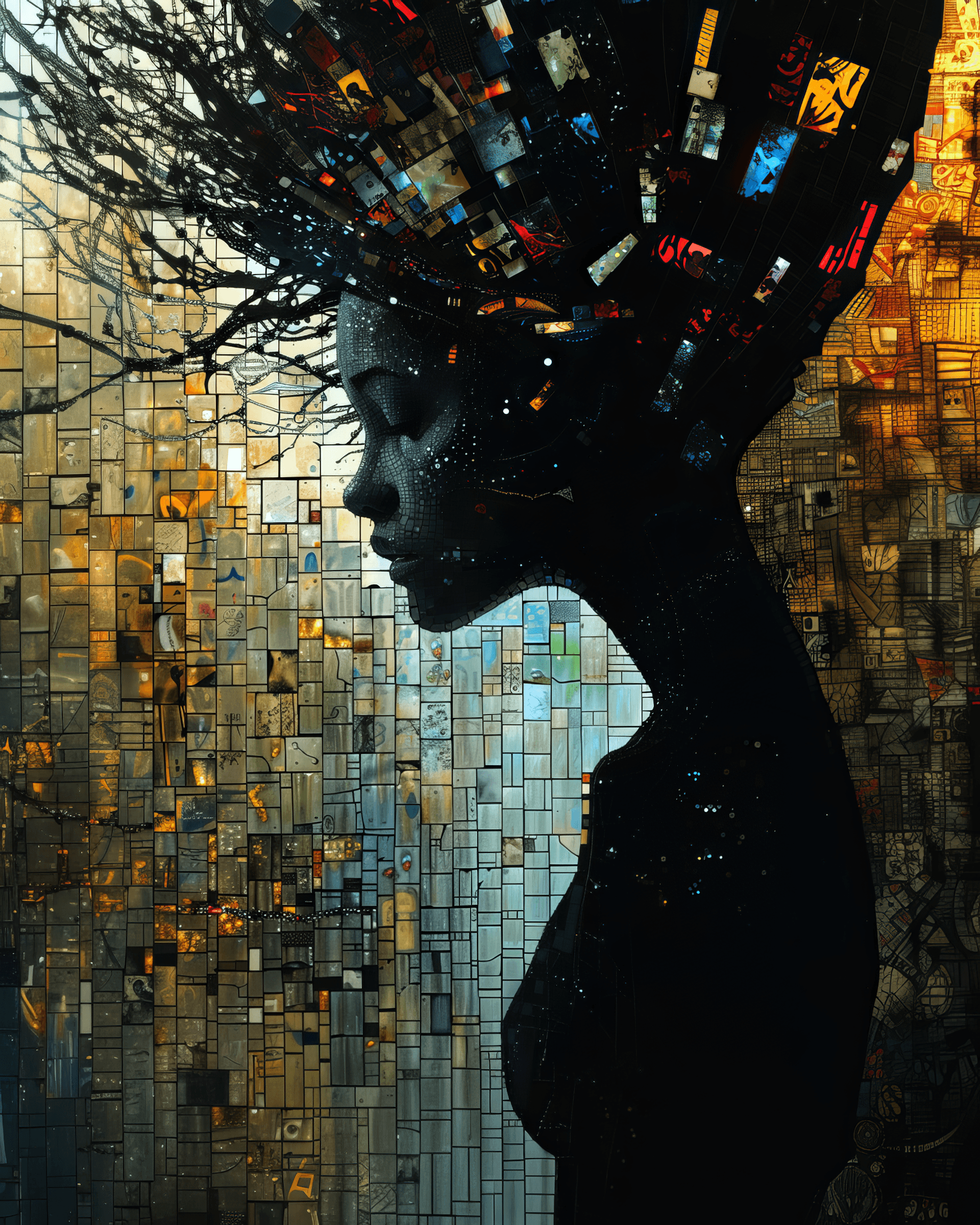 AI generated: inky silhouette of a fragmented woman with dot-speckled skin, nestled in a mosaic of monochrome and ...
