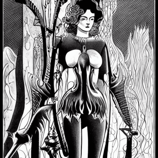 AI generated: Surreal Krull movie female character design in the styles of Sergio Toppi and George Barbier, sci-fi...