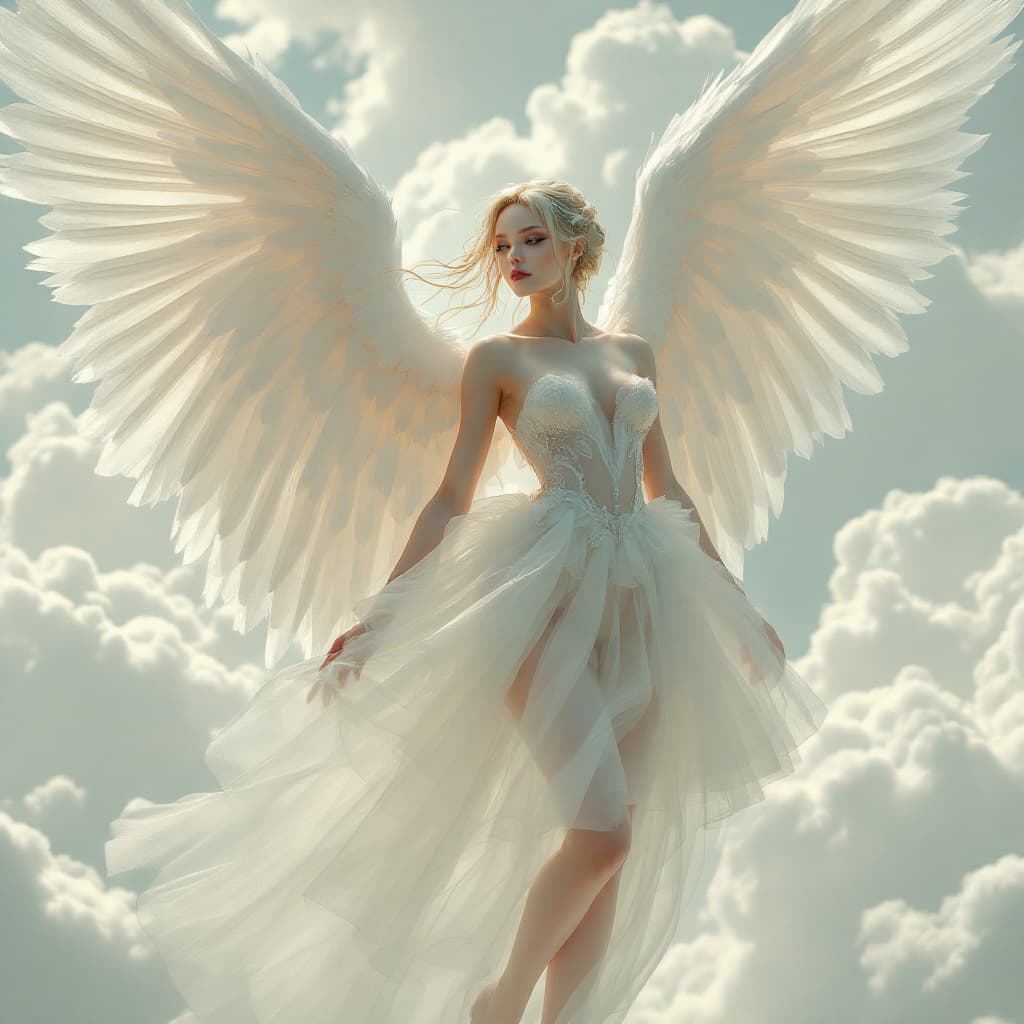 AI generated: Delicate cyborg Angel with big wings wearing tulle and organza dress in the clouds --ar 3:4 --style ...