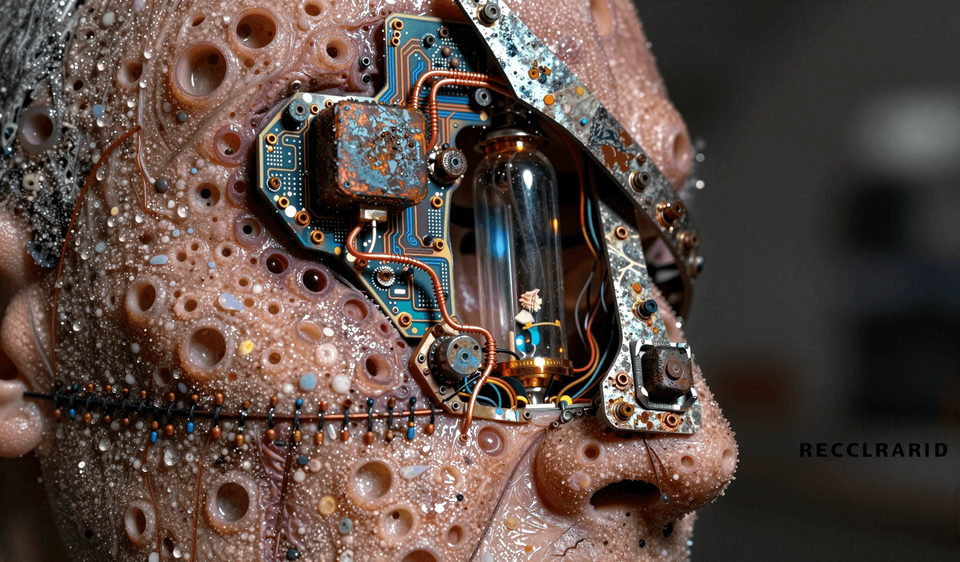 AI generated: Forensic macro-photograph of a post-human scavenger’s facial graft, where biological skin meets salv...