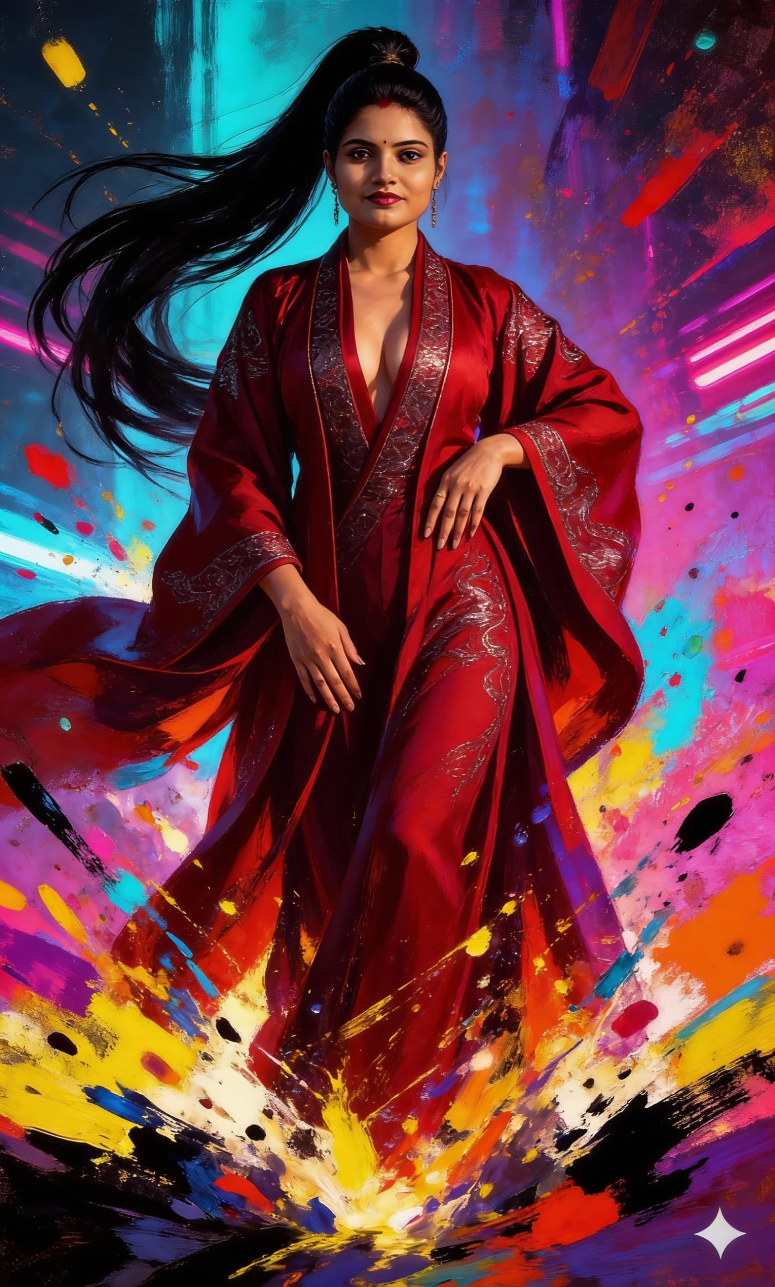 AI generated: A commanding, seductive young empress stands at the center, her long obsidian hair styled in a high,...