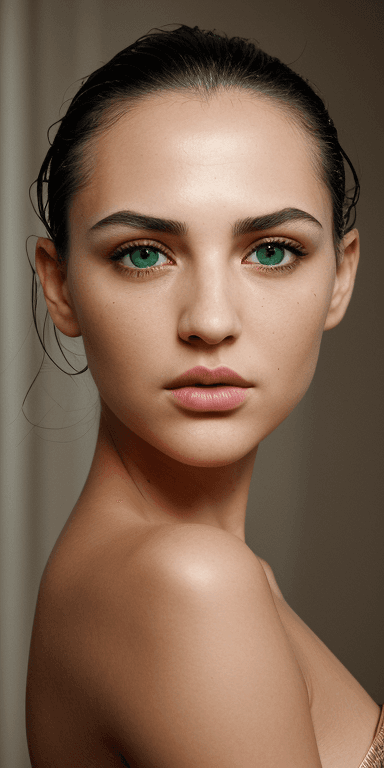 AI generated: (Orange eyes) ((dark black background)) ((face side lit with golden light lamp)) ((Eyes: emerald gre...