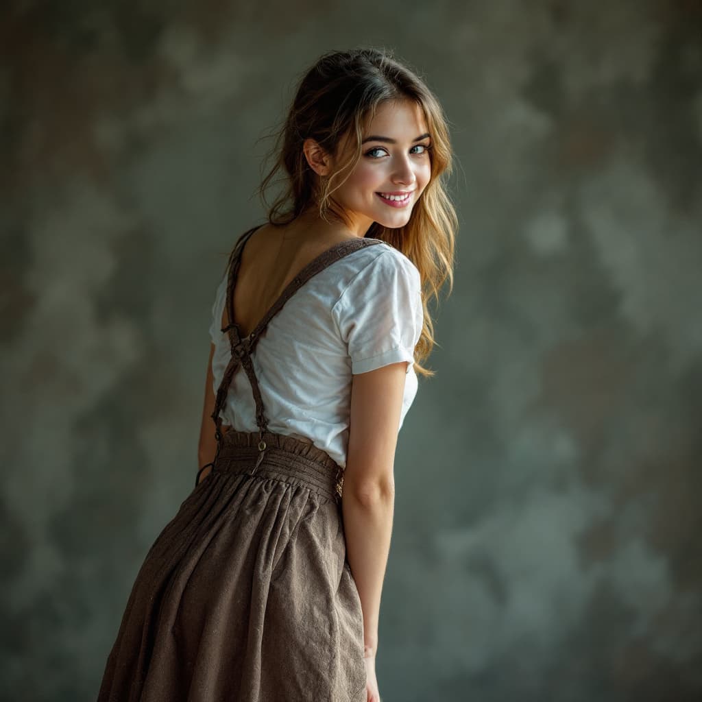 AI generated: 20 year old girl, bent over, skirt, back view, smile looking back at camera , 