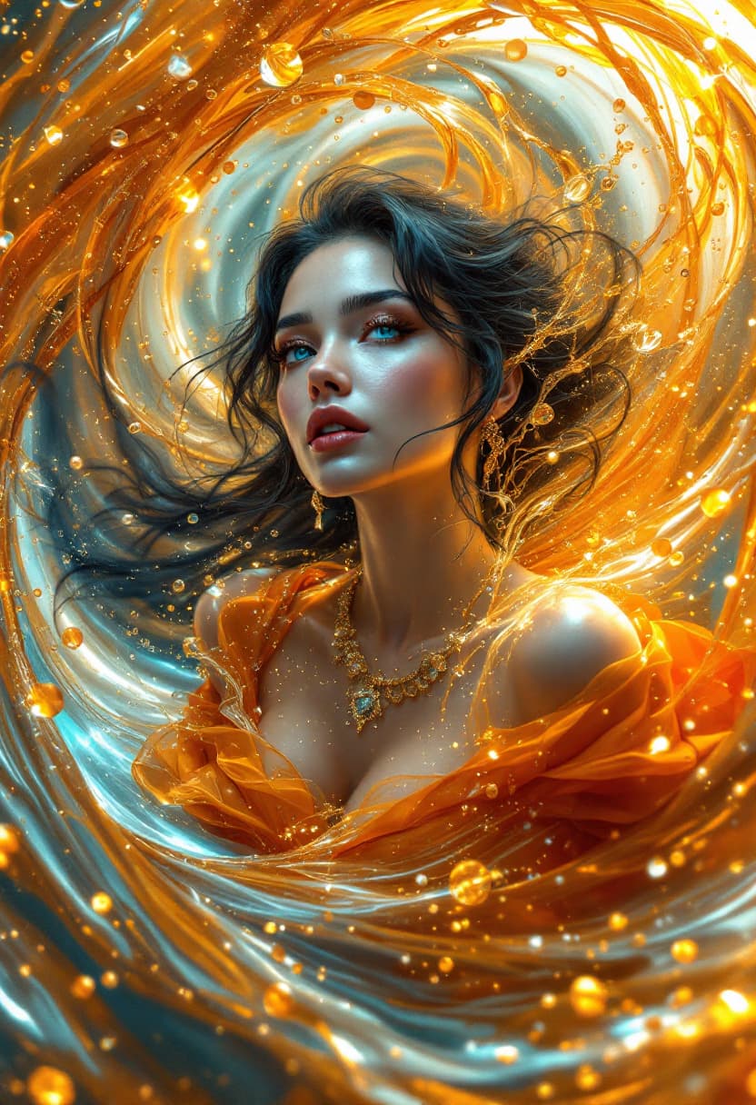 AI generated: Digital painting in anime style, featuring a full-length diorama of a stunning woman adorned in liqu...